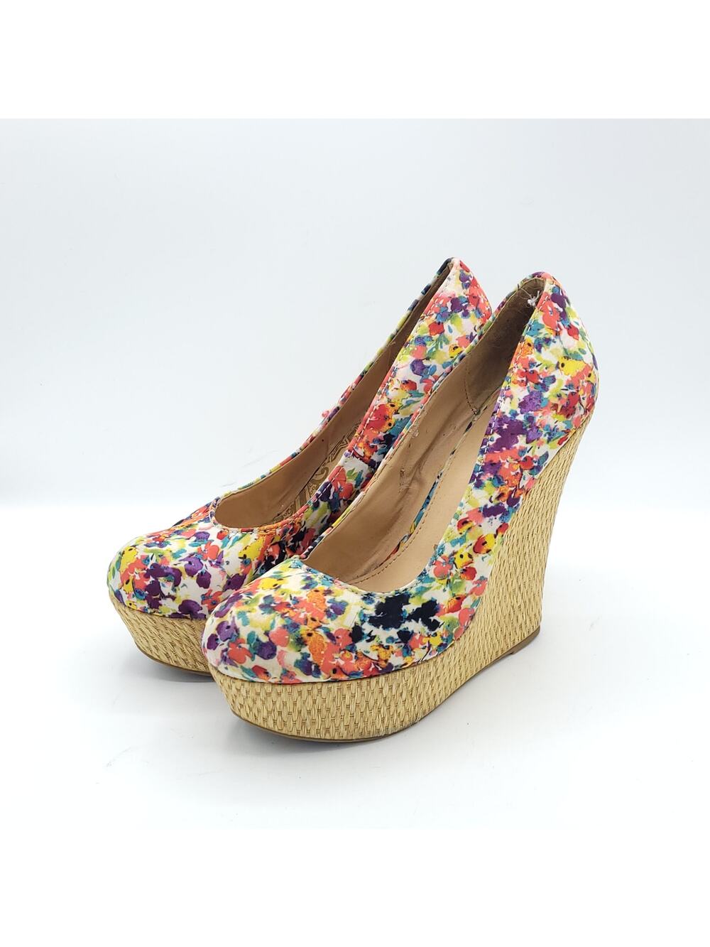 Brash floral print wedge heels woven platform women's size 7.5